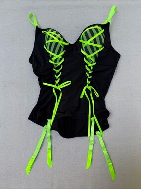 Morbid Threads Black One-Piece with Neon Green Lace & Straps